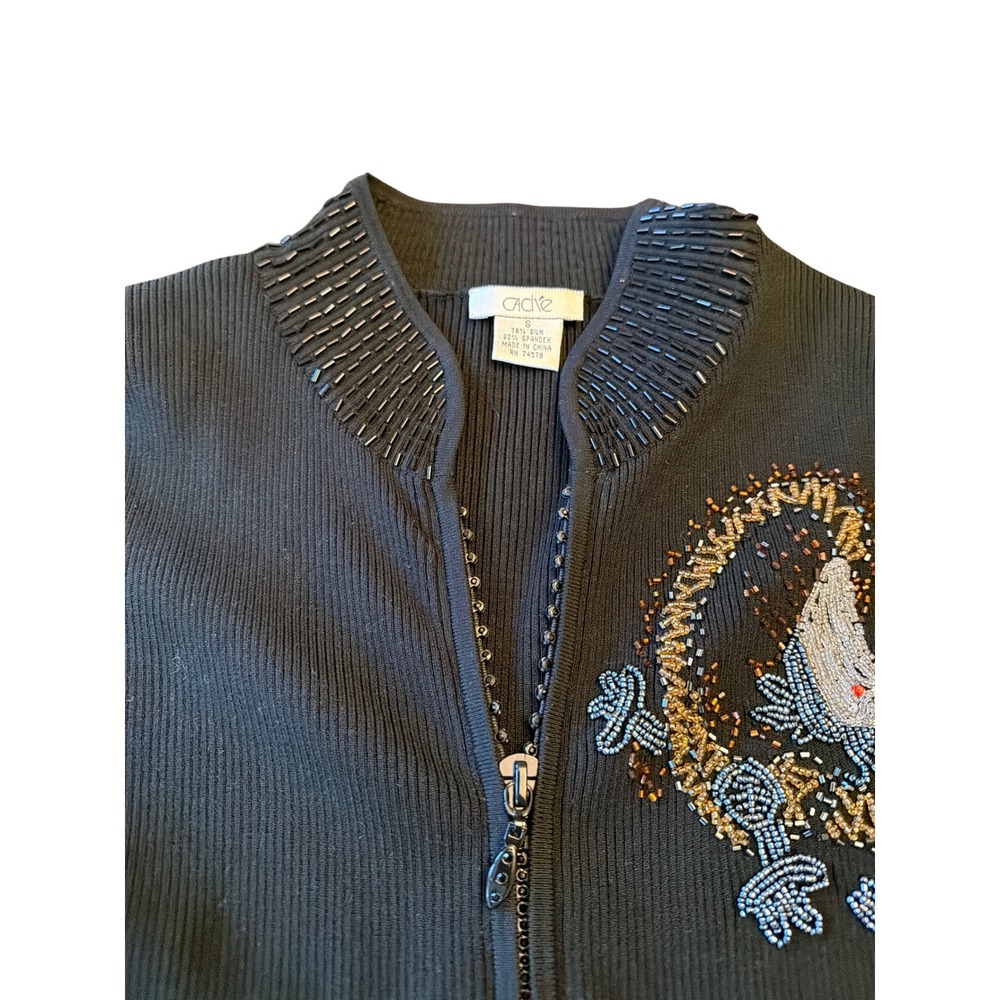 Cache Cardigan Black Silk Blend Beaded Dragon Mock Neck Full Zip Ribbed Small - Picture 4 of 7
